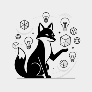 Stylized fox with lightbulbs and shapes.